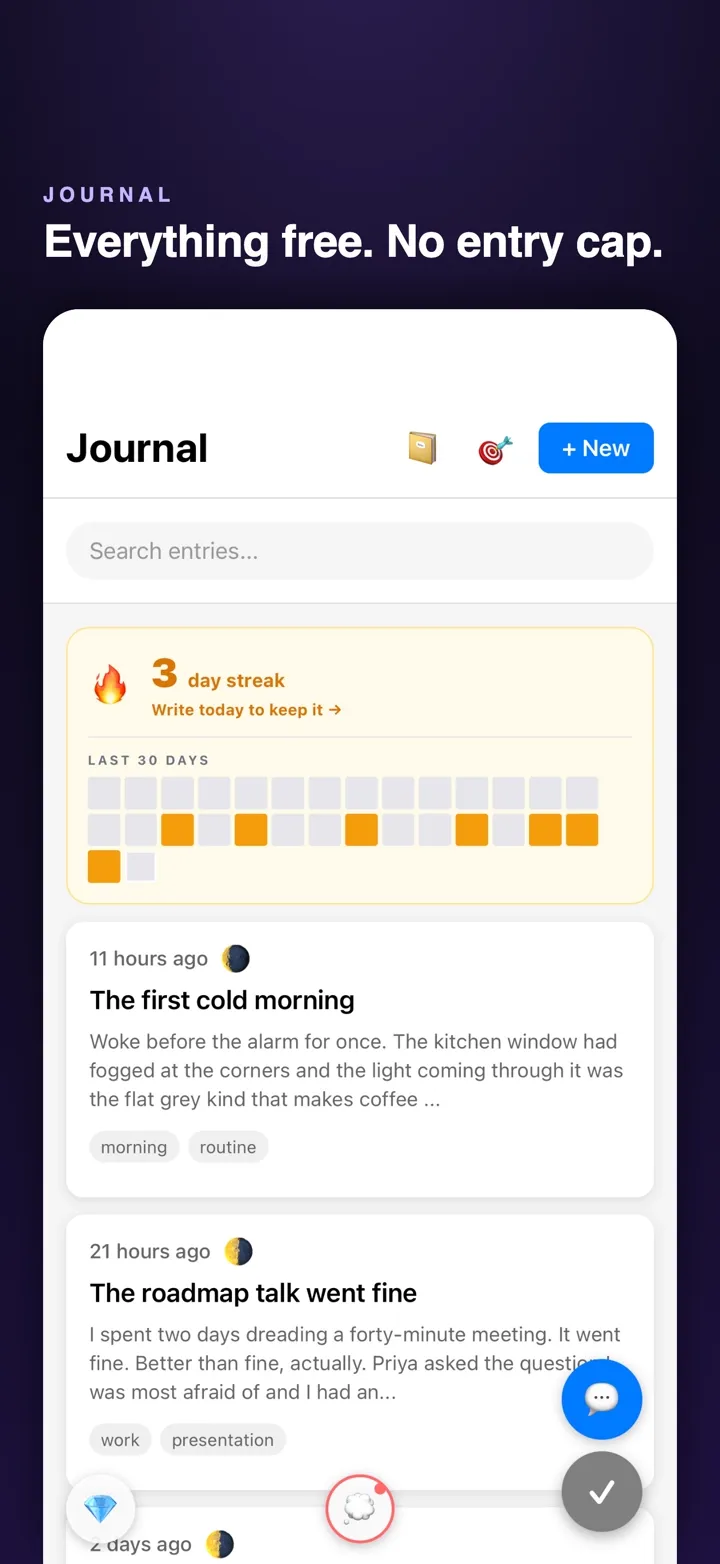 The HiveJournal app: a journal with a 3-day writing streak and recent entries