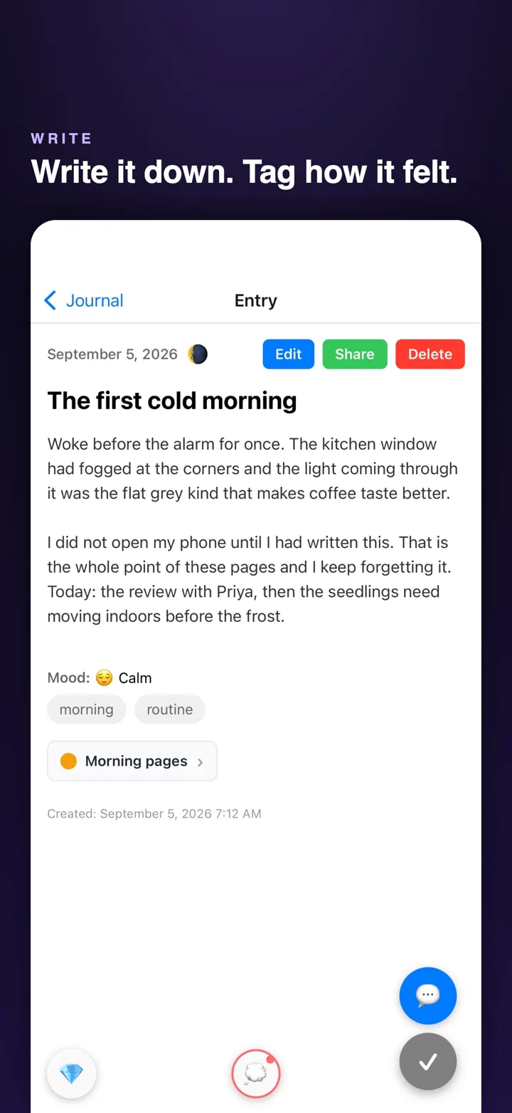 A journal entry titled “The first cold morning”, with a calm mood and morning and routine tags