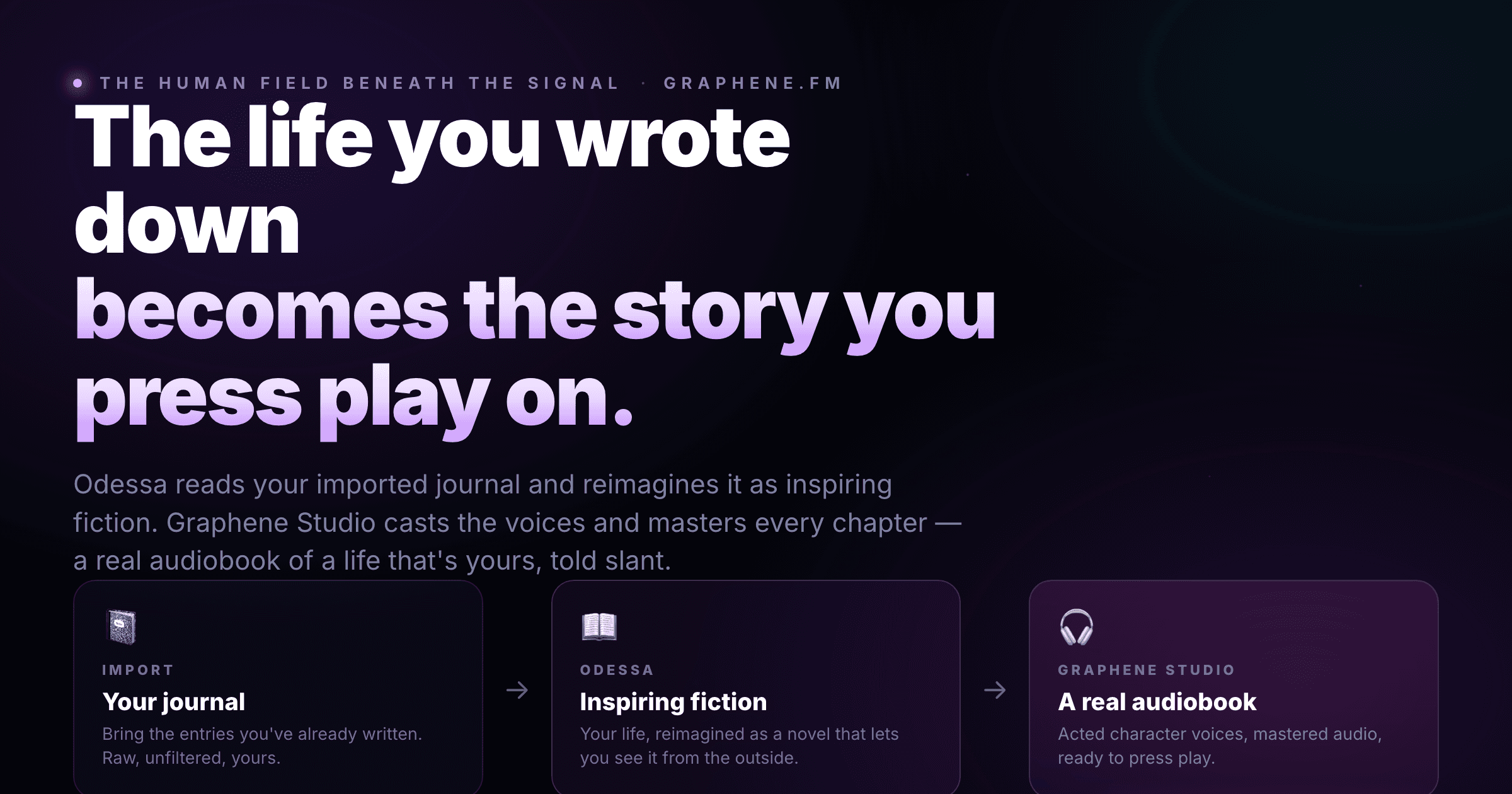 Odessa × Graphene Studio — the life you wrote down becomes the story you press play on.