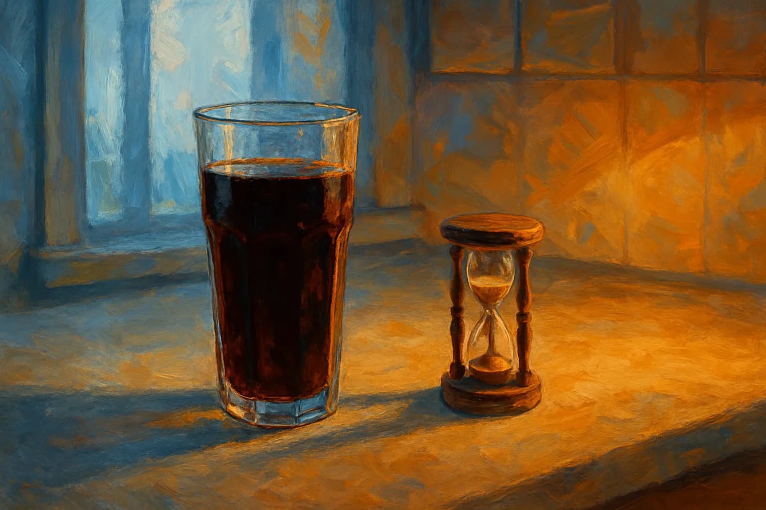 A tall glass of dark soda in cool morning-blue light beside a small wooden hourglass in warm evening-amber, on a counter by a window — the light sliding from morning to evening across the scene.