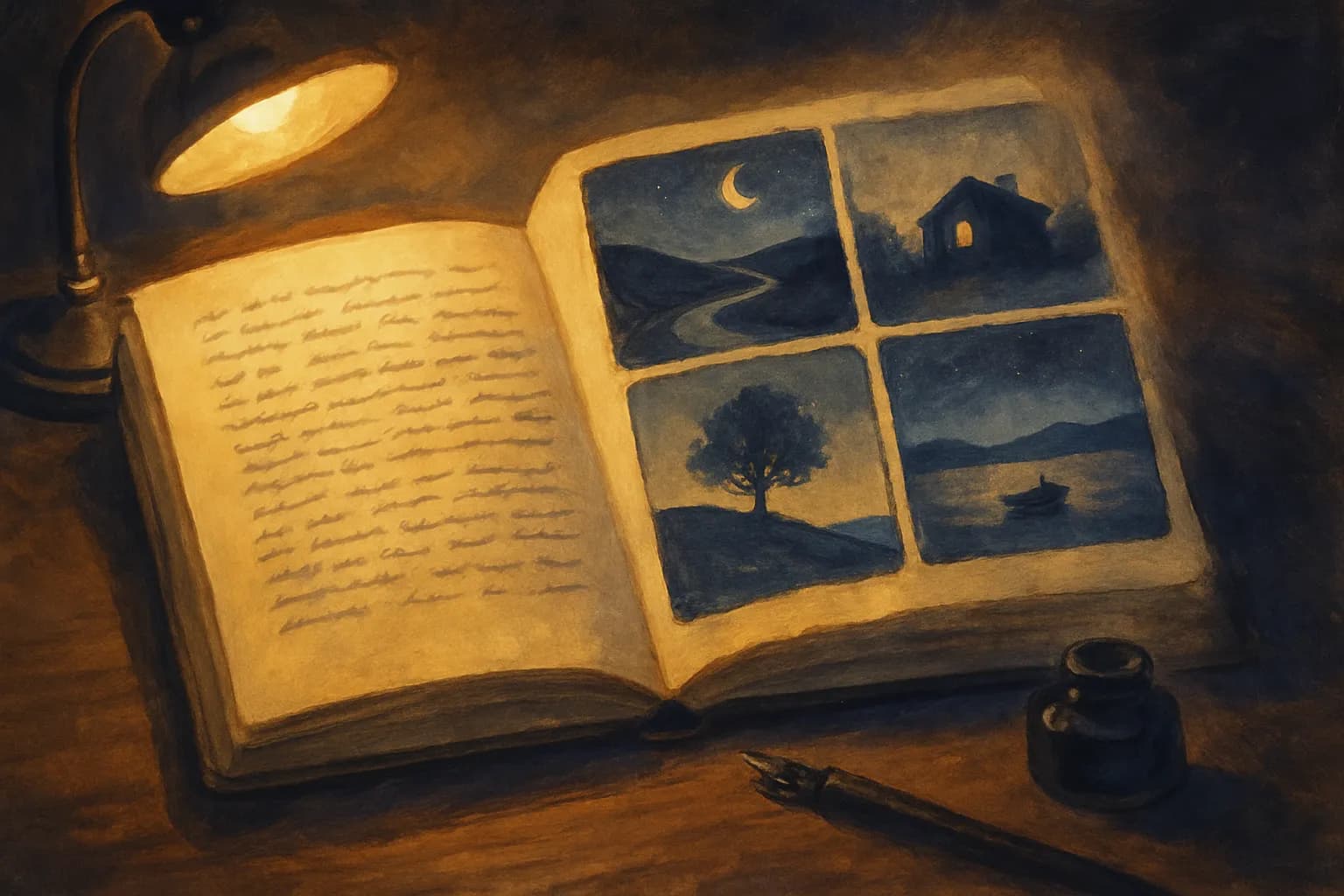 An open journal under a desk lamp; its right-hand page turns into four glowing comic panels showing empty landscapes — a moonlit winding road, a small cottage with a lit window, a lone tree on a hill, and a boat on calm water — beside an ink pot and pen.