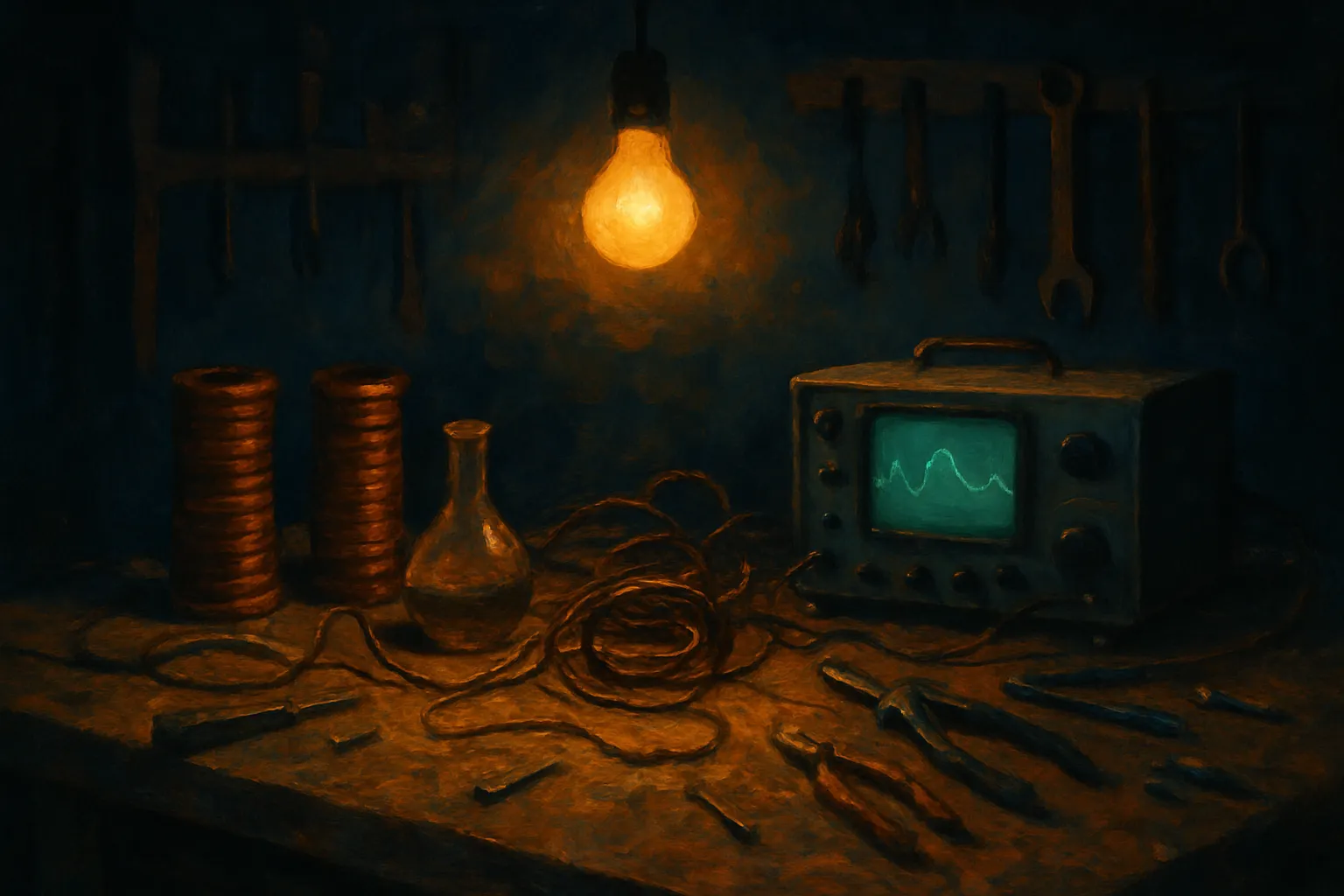 A dim garage workbench at night under a single hanging bulb: two stacks of copper coil, a glass flask, tangled wire, hand tools, and an oscilloscope glowing with a faint green waveform.
